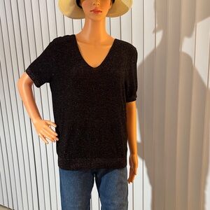 Sparkle V-Neck Short Sleeve Top — Black